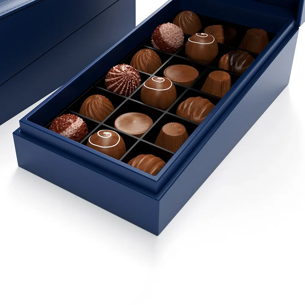 Holidaypacfactory leatherette paper chocolate gift box packaging opening structure view