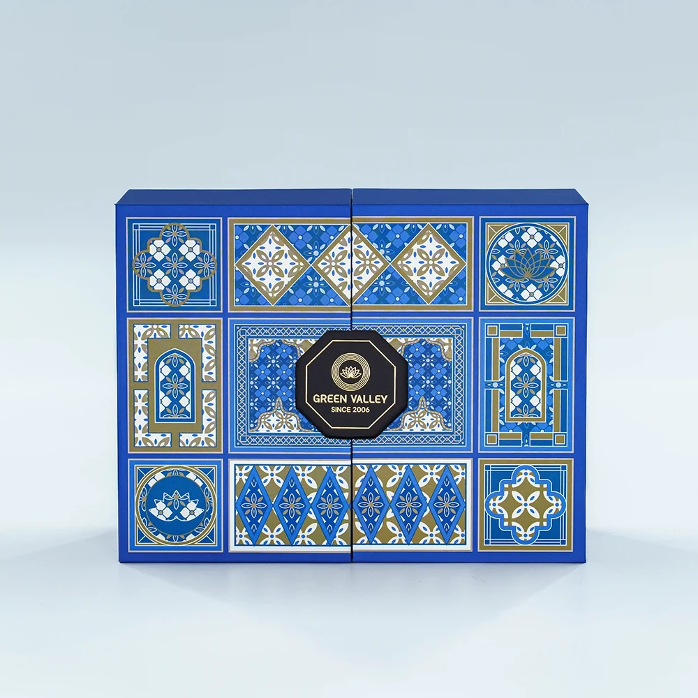 Holidaypacfactory navy blue arabic style chocolate gift box packaging opening structure view
