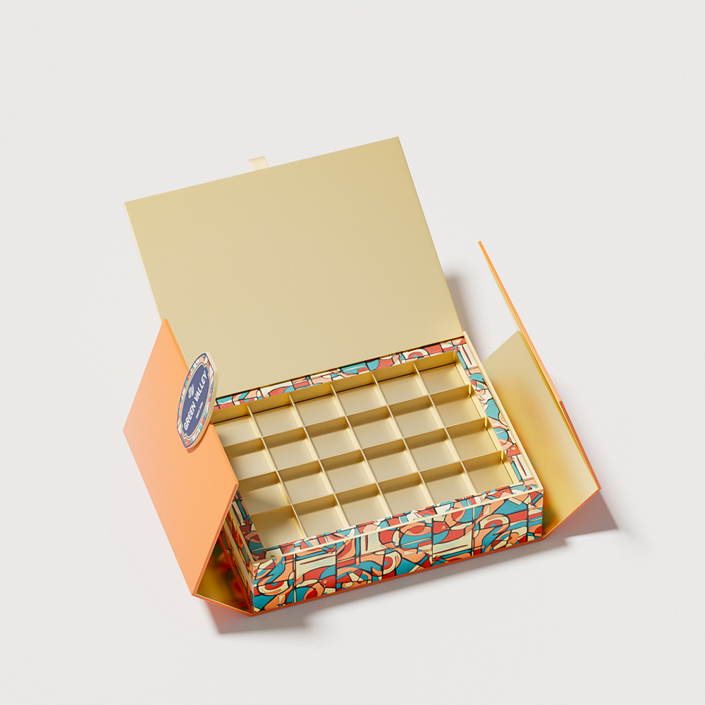 Holidaypacfactory magnetic open orange chocolate gift box packaging side construction detail