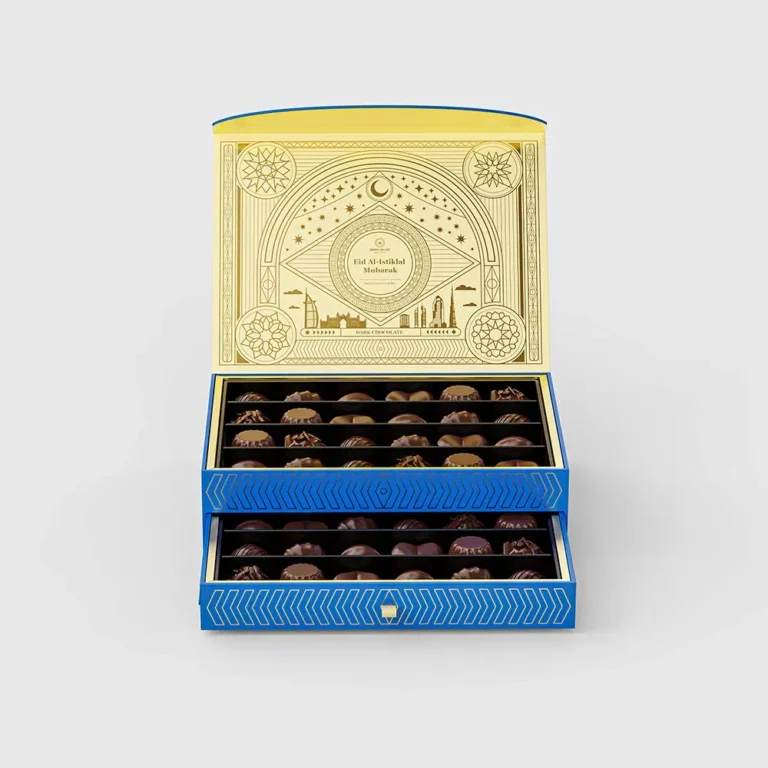Holidaypacfactory custom blue magnetic drawer chocolate gift box two layer packaging image 1
