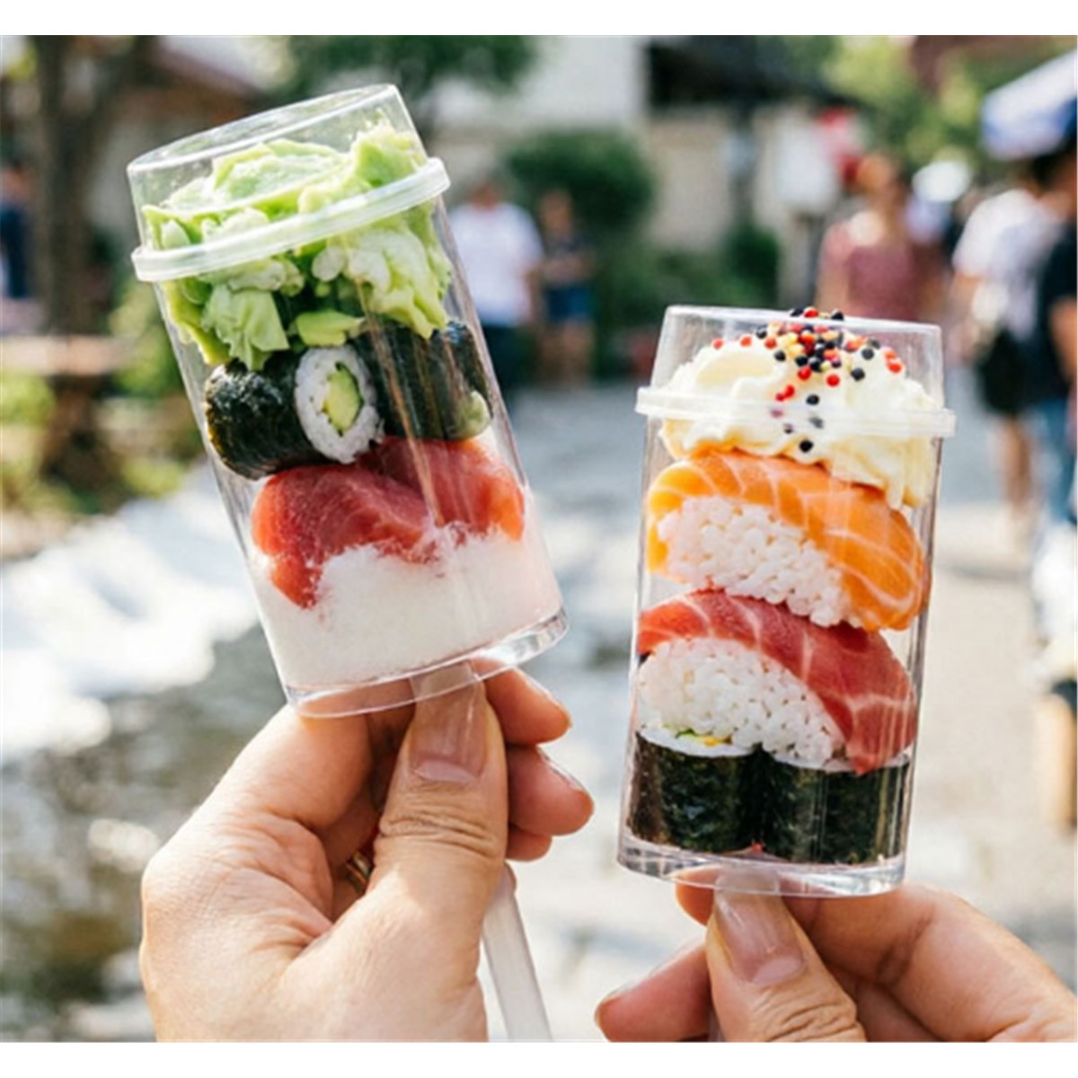 custom sushi push pop paper tube packaging with clear plunger cup for restaurant takeaway Holidaypacfactory image 1