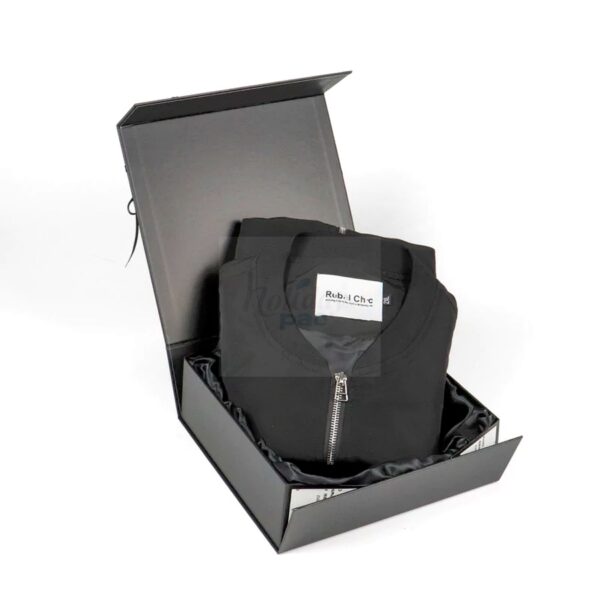 Holidaypacfactory Customized Hot Black Logo Foldable Clothes Gift Packaging Box with Satin Insert for Apparel Packaging realistic full frame packaging main image