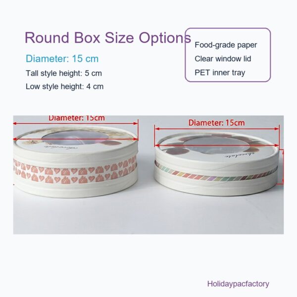 Holidaypacfactory round chocolate macaron box 15 cm size options with clear window lid
