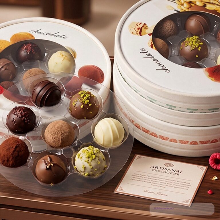 Holidaypacfactory round chocolate truffle gift box with clear window lid and PET tray