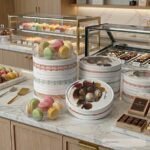 Holidaypacfactory round clear window chocolate macaron gift box in bakery counter setting