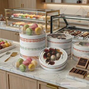 Holidaypacfactory round clear window chocolate macaron gift box in bakery counter setting