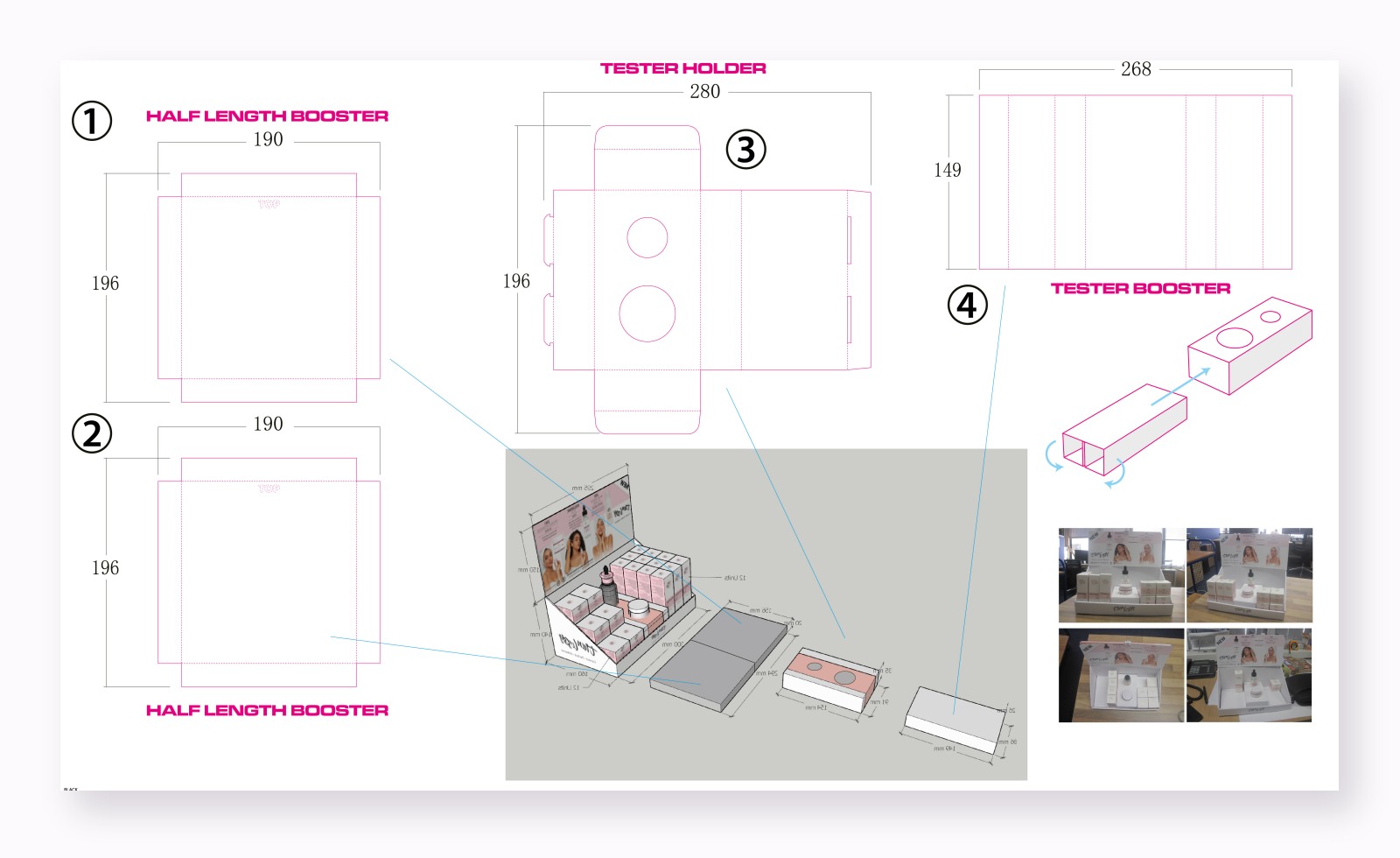 Holidaypacfactory tester holder booster display dieline preview with dimensions and product photos