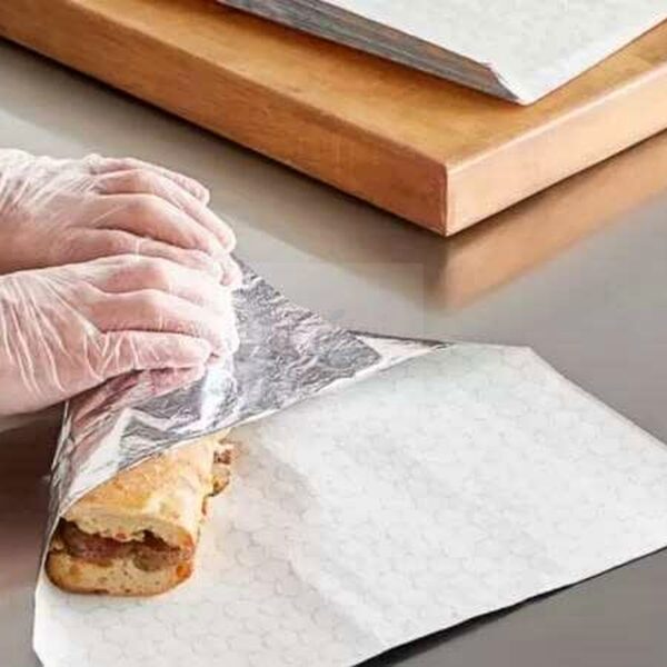 Holidaypacfactory white foil laminated paper wrap for hot food full bleed product image 1