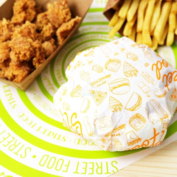 Holidaypacfactory white kraft burger wrap paper sheets for qsr trays full bleed product image 3