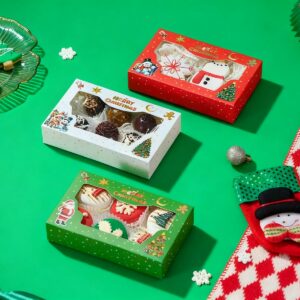Christmas cookie bakery boxes with window Holidaypacfactory real Christmas packaging scene image 1 for holiday bakery, cookie gift and seasonal food retail