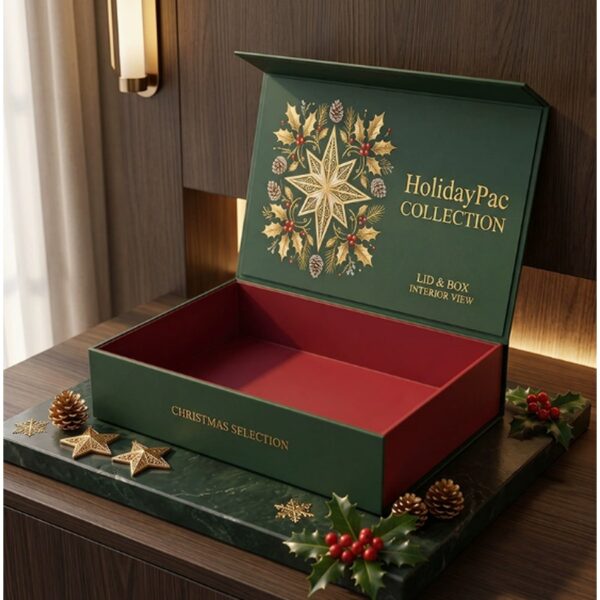 Christmas magnetic folding gift box Holidaypacfactory image 4 for holiday retail, corporate gifting, confectionery, beauty and premium seasonal gift sets