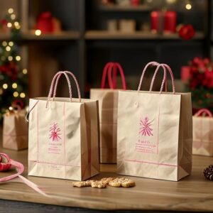 custom Christmas gift paper bags with handles Holidaypacfactory image 1 for holiday retail, bakery gifting and boutique shopping bags