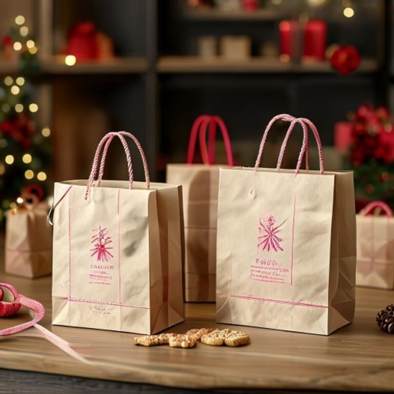 custom Christmas gift paper bags with handles Holidaypacfactory image 1 for holiday retail, bakery gifting and boutique shopping bags