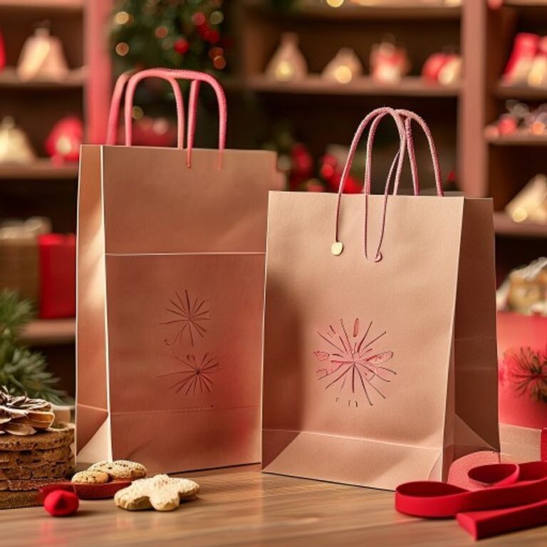 custom Christmas gift paper bags with handles Holidaypacfactory image 1 for holiday retail, bakery gifting and boutique shopping bags