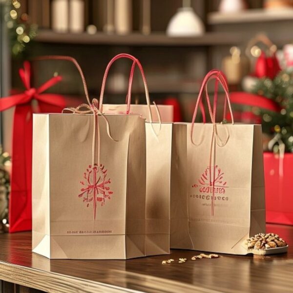custom Christmas gift paper bags with handles Holidaypacfactory image 5 for holiday retail, bakery gifting and boutique shopping bags