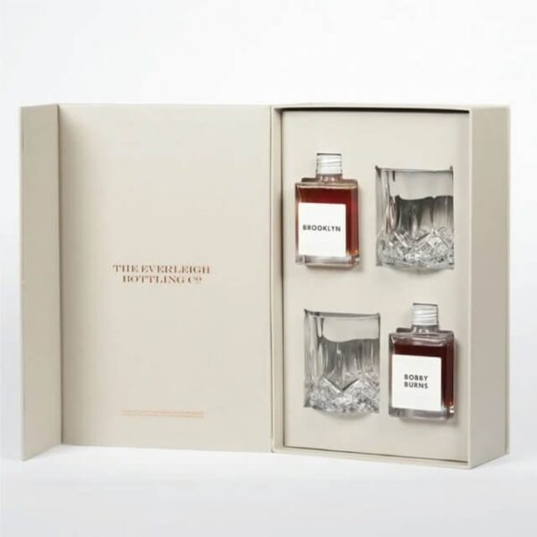 flip lid hinged rigid box with window Holidaypacfactory image 5 for mini bottle sets, tasting kits, gourmet food, tea, confectionery and curated retail gift packs