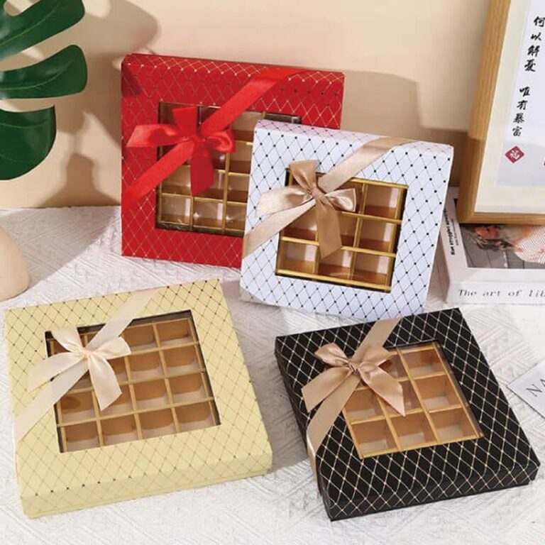 square chocolate rigid gift box with clear window Holidaypacfactory image 1 for chocolate, macarons, cookies, candy, dessert kits, bakery gifts and festive confectionery programs