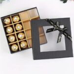 square chocolate rigid gift box with clear window Holidaypacfactory image 3 for chocolate, macarons, cookies, candy, dessert kits, bakery gifts and festive confectionery programs