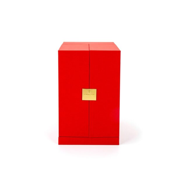 red gold festival gift box closed exterior with small badge Holidaypacfactory