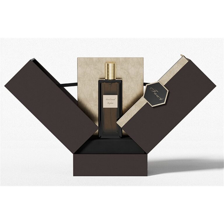 custom middle open perfume gift box with black exterior and gold accent Holidaypacfactory