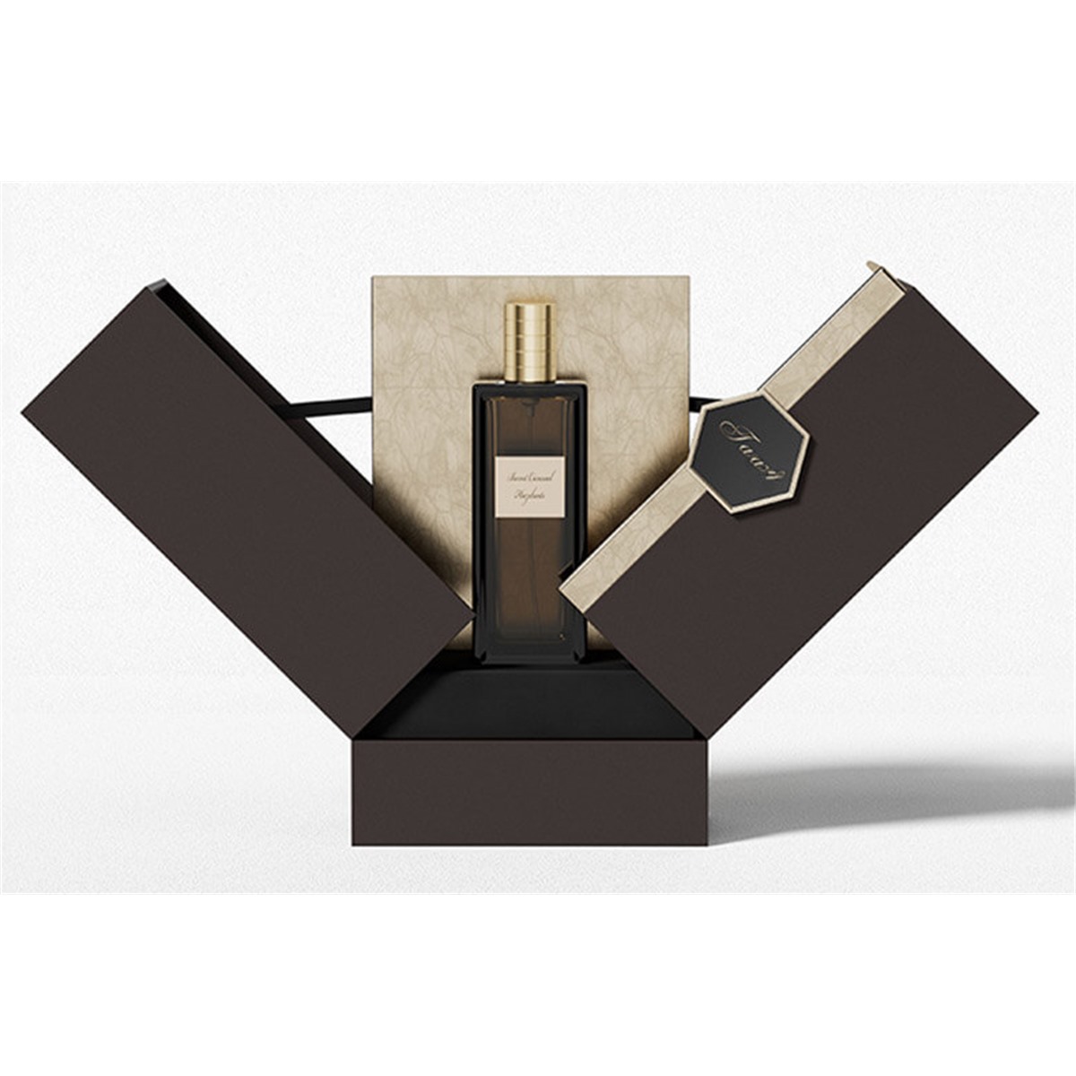 custom middle open perfume gift box with black exterior and gold accent Holidaypacfactory
