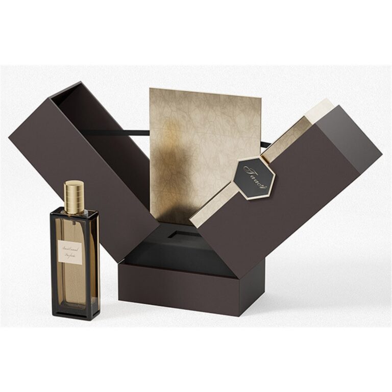custom middle open perfume gift box with black exterior and gold accent Holidaypacfactory