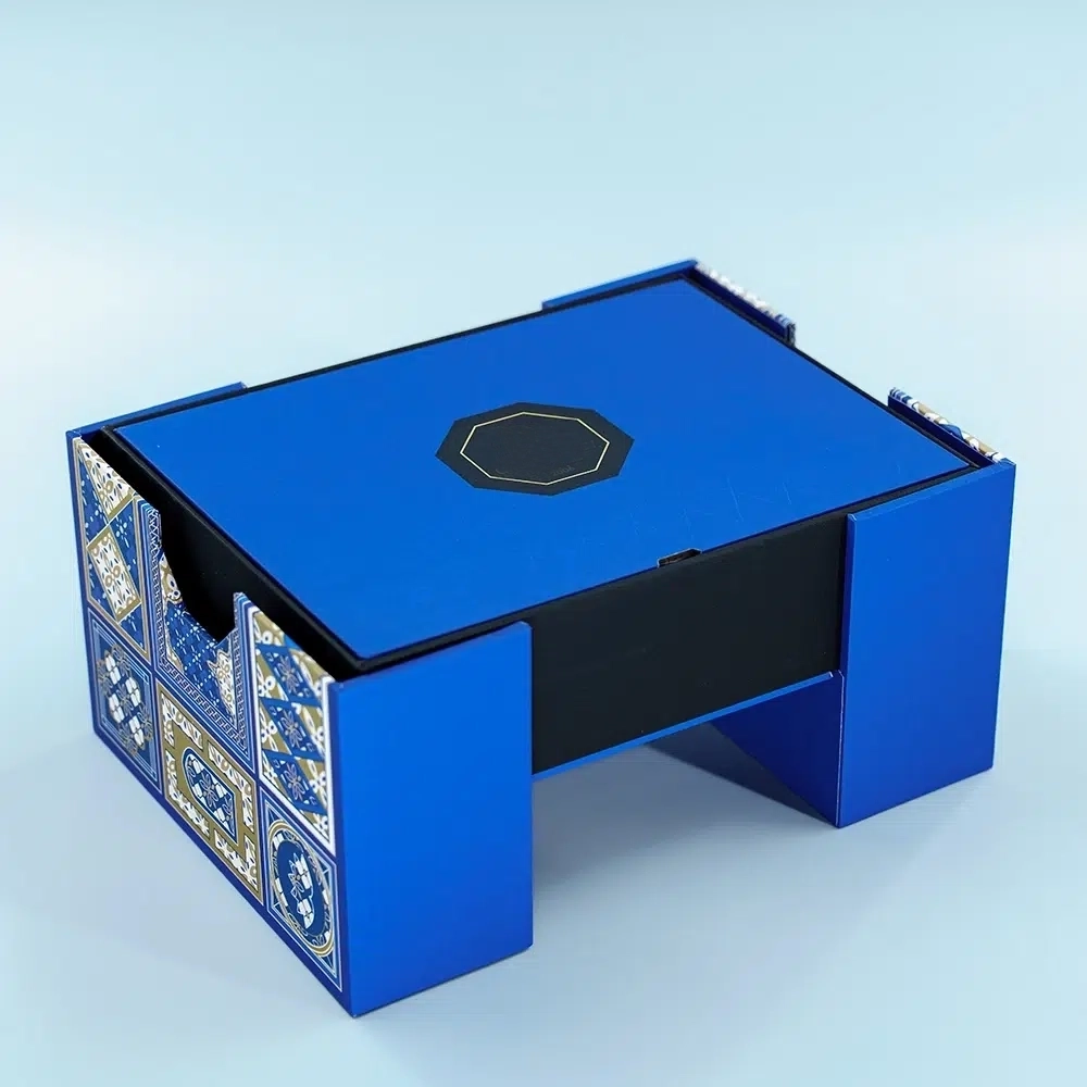 custom navy blue Arabic style chocolate gift box with open tray Holidaypacfactory