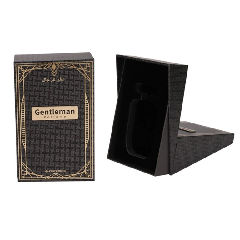 custom luxury men's perfume packaging box with black and gold art deco detail Holidaypacfactory