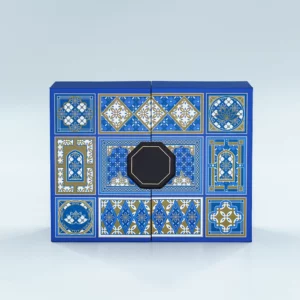 navy blue Arabic style chocolate gift box with geometric gold pattern Holidaypacfactory