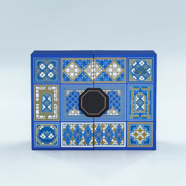 navy blue Arabic style chocolate gift box with geometric gold pattern Holidaypacfactory