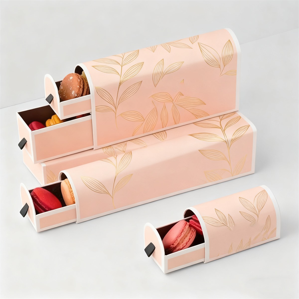 peach macaron drawer box packaging with gold leaf artwork Holidaypacfactory