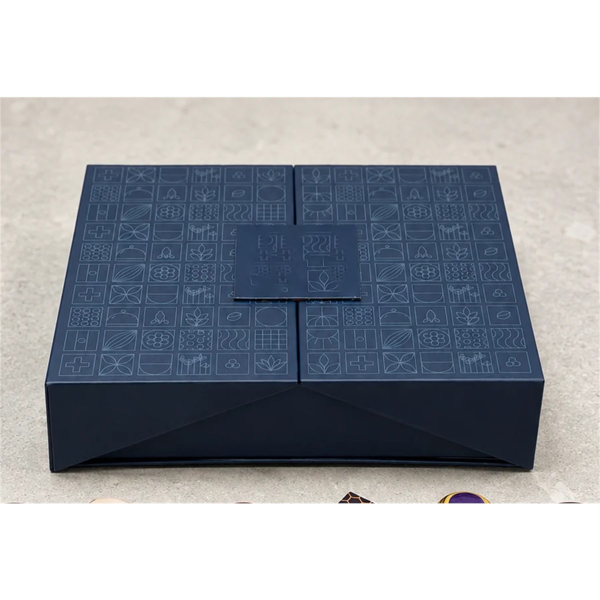 closed blue rigid chocolate gift box with printed pattern Holidaypacfactory