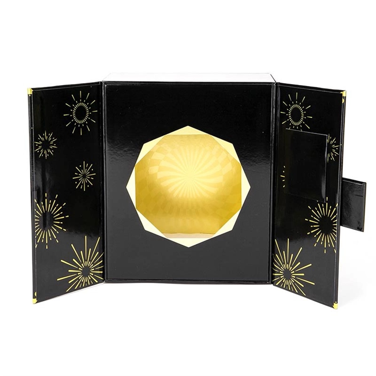 black folding perfume box opened at an angle with gold interior insert Holidaypacfactory