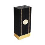 closed black folding perfume packaging box with gold decorative label Holidaypacfactory