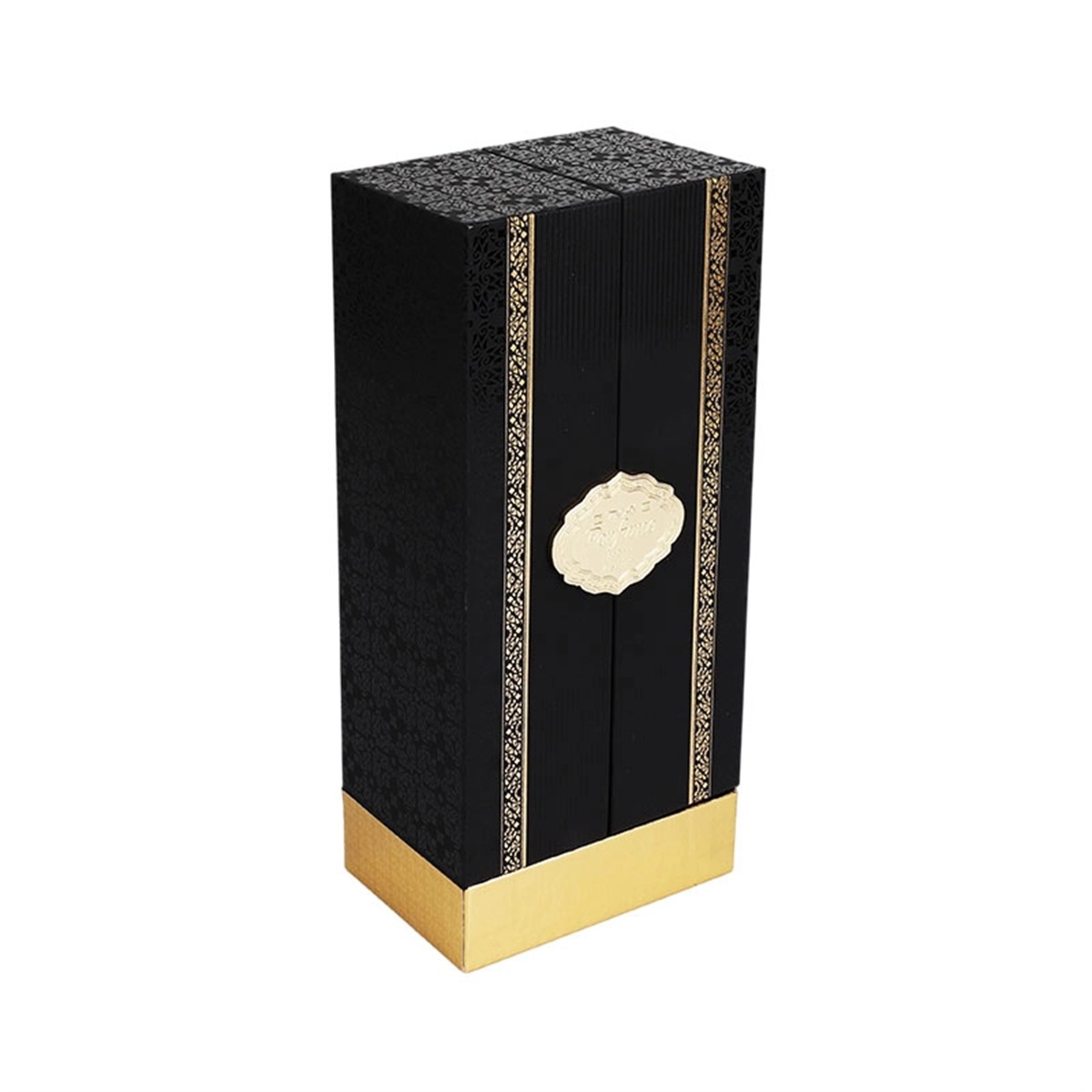 closed black folding perfume packaging box with gold decorative label Holidaypacfactory