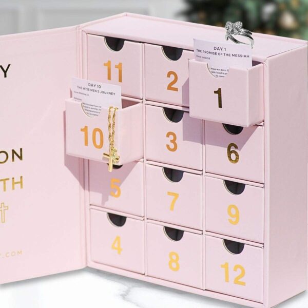 pink countdown drawer box with jewelry and message cards Holidaypacfactory