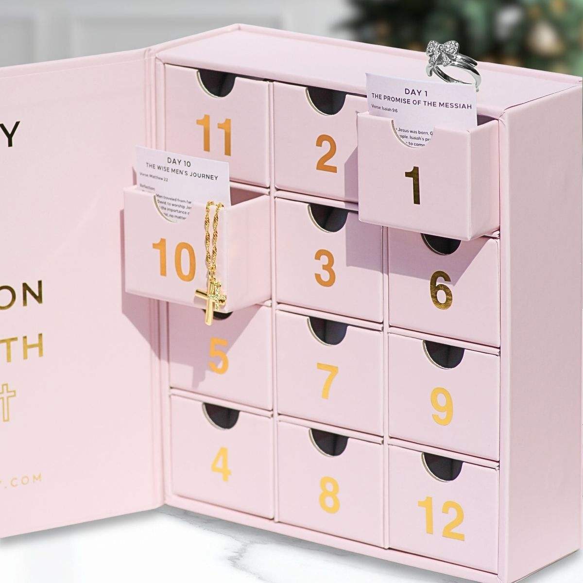 pink countdown drawer box with jewelry and message cards Holidaypacfactory