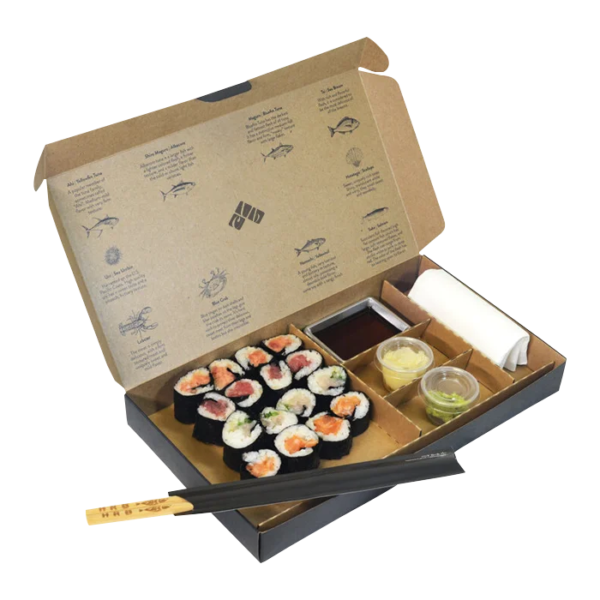 custom sushi box packaging with compartments and sauce cups Holidaypacfactory