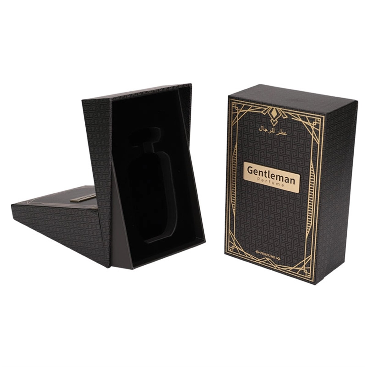 custom luxury men's perfume packaging box with black and gold art deco detail Holidaypacfactory