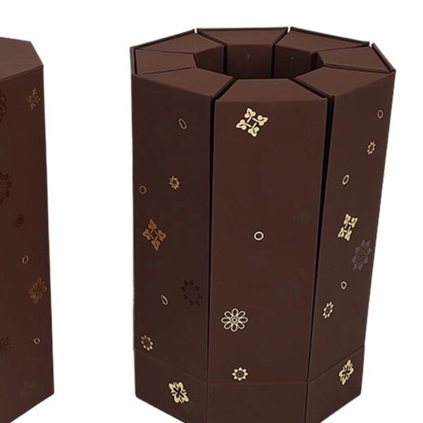 close view of brown octagonal perfume gift box structure and gold details Holidaypacfactory
