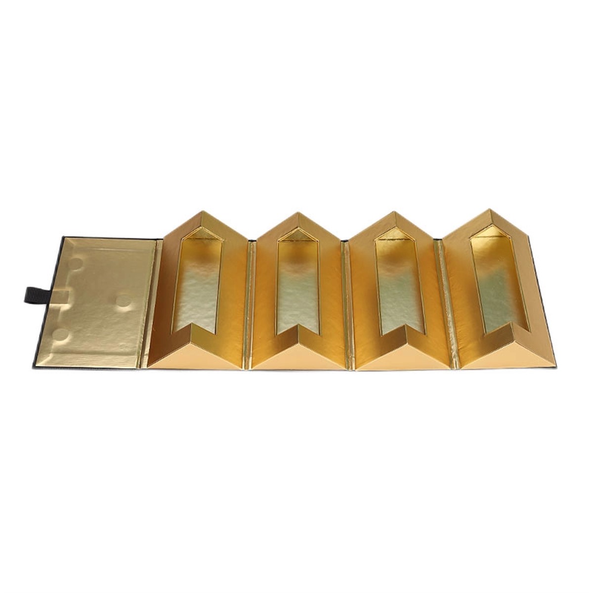 opened folding perfume gift box with multiple gold foil panels Holidaypacfactory