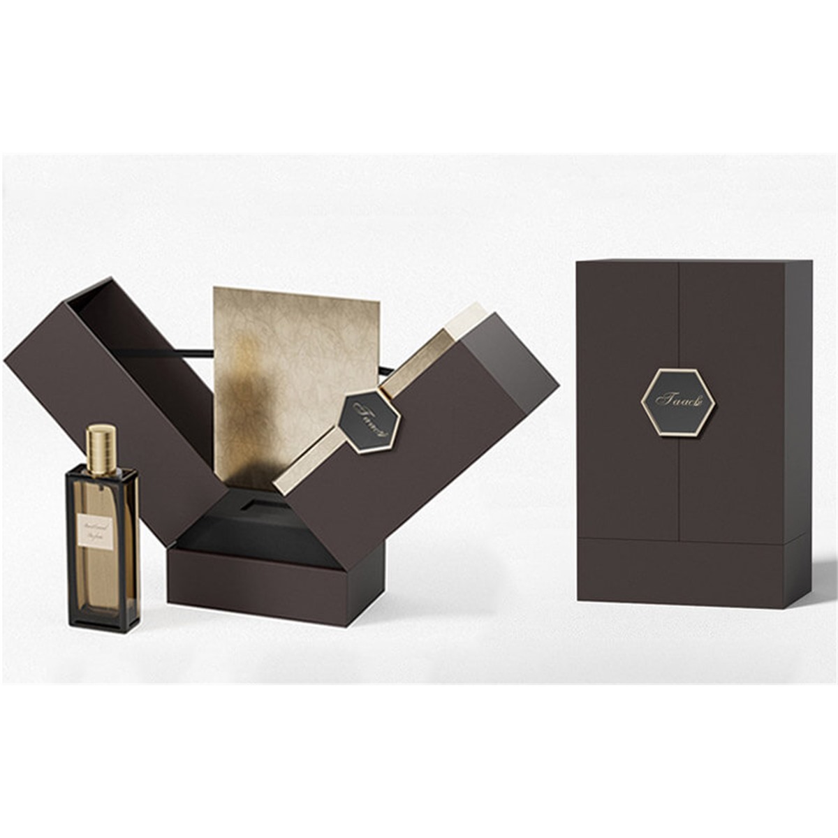 closed middle open perfume gift box with black exterior and gold badge Holidaypacfactory