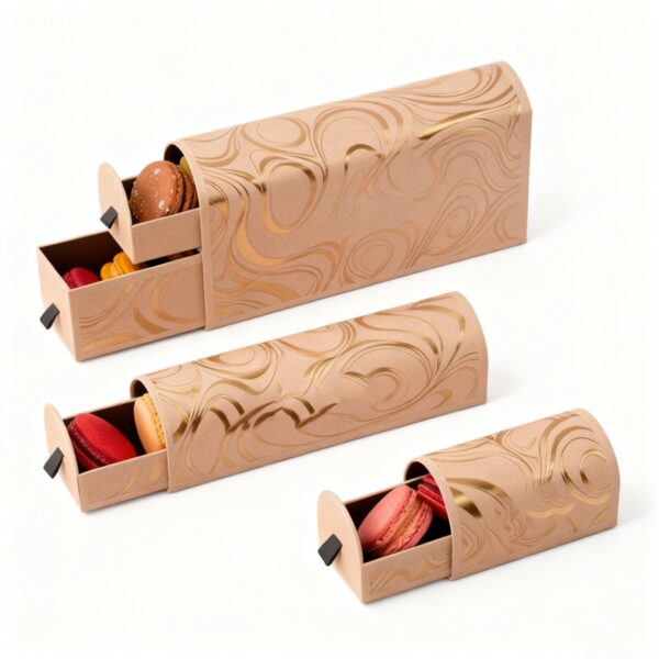 kraft color biscuit macaron drawer box packaging with gold artwork Holidaypacfactory