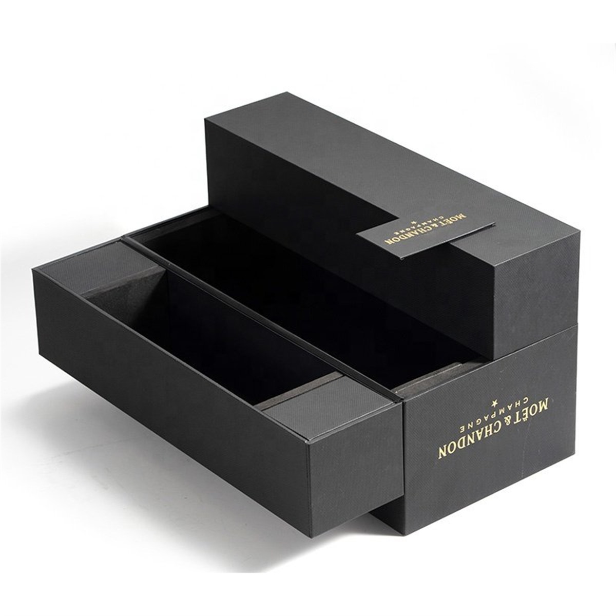 red wine gift box opened to reveal central bottle display Holidaypacfactory