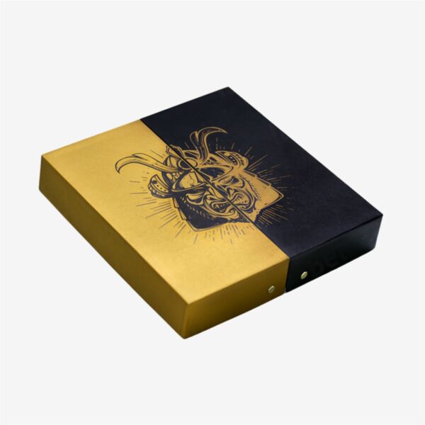 closed gold and black rigid chocolate gift box with custom artwork Holidaypacfactory