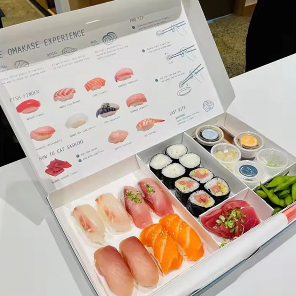 double sided printed sushi box with omakase guide inside lid Holidaypacfactory