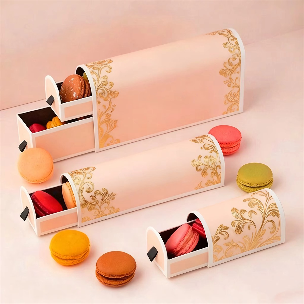 custom luxury biscuit macaron drawer box packaging arched sleeve Holidaypacfactory