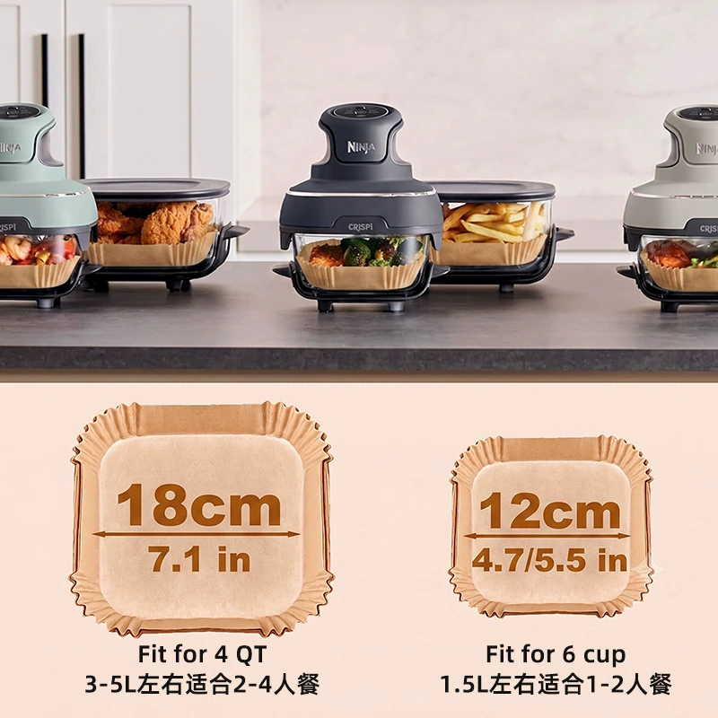 Holidaypacfactory square air fryer liner fits Ninja Crispi air fryers 18cm and 12cm size chart lifestyle photo