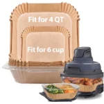 Holidaypacfactory square air fryer liner paper stack with size labels in use inside Ninja Crispi air fryer
