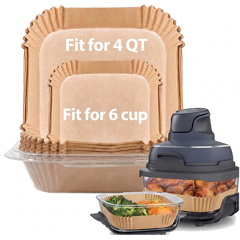 Holidaypacfactory square air fryer liner paper stack with size labels in use inside Ninja Crispi air fryer